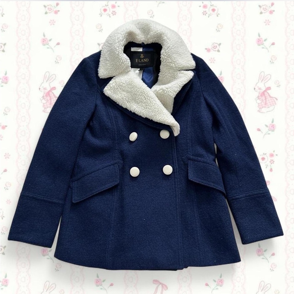 K-fashion E-Land navy pea coat with soft sherpa collar + double-breasted buttons